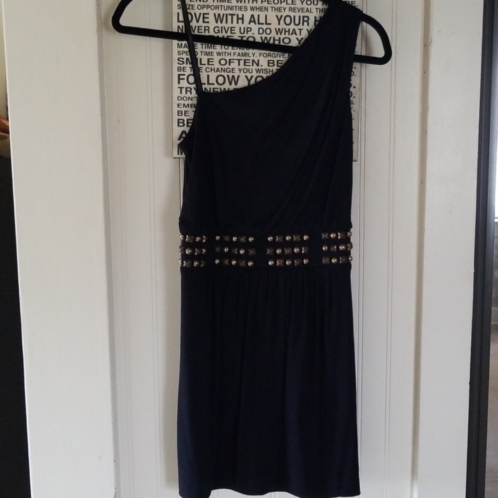 Black mini dress with bronze stud detail